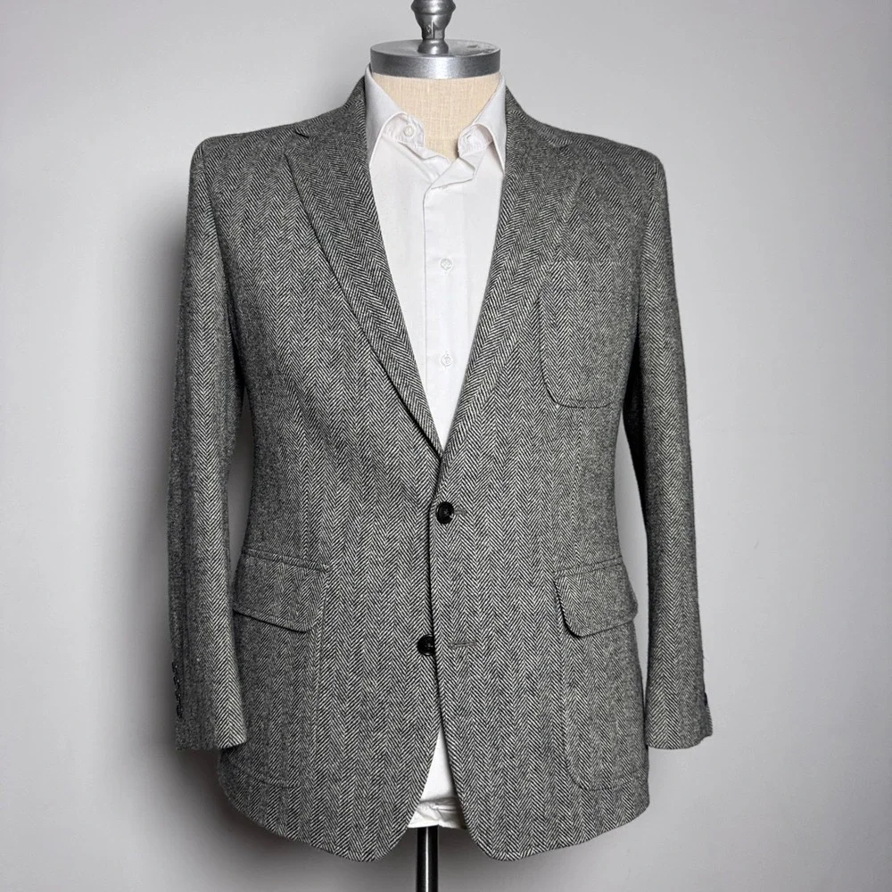 Lands' End Blazer‎ Mens 42R Grey Herringbone Wool Two Button Sport Coat
